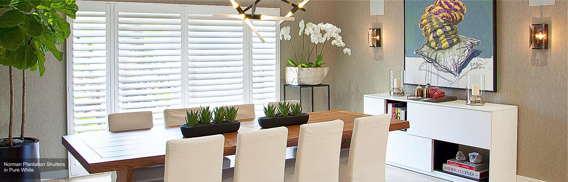 Dining room with Norman plantation shutters in white